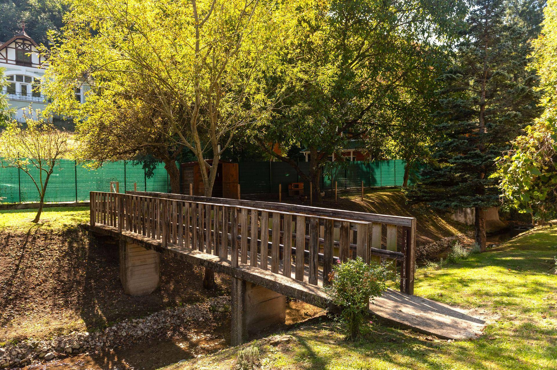 Holzbrücke über einen kleinen Bach in einer sonnigen, grünen Landschaft mit Bäumen.