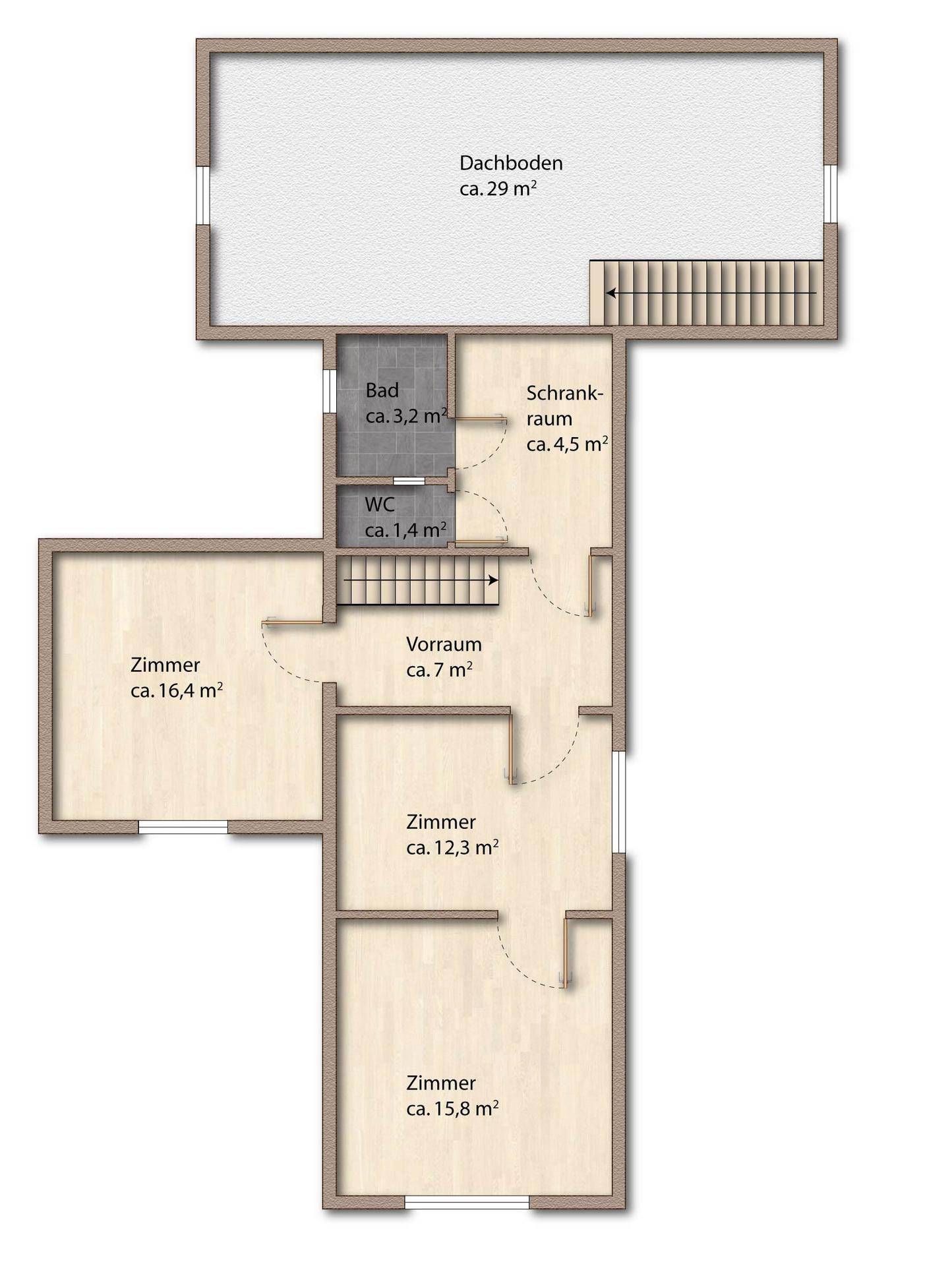 Grundriss des Obergeschosses mit Zimmern, Bad, WC, Schrankraum und Dachboden.