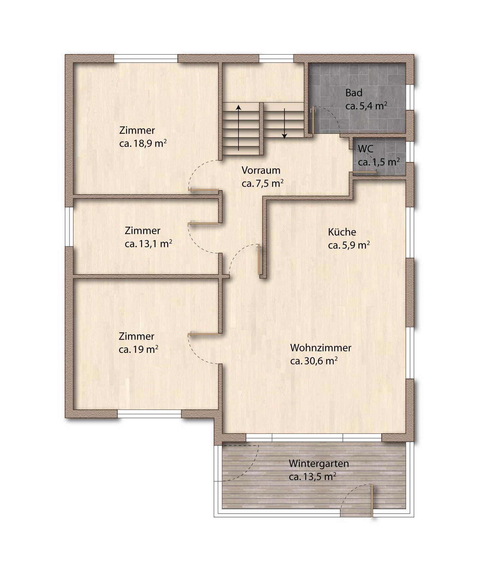 Grundriss des Erdgeschosses mit Wohnzimmer, Küche, drei Zimmern, Bad, WC und Wintergarten.