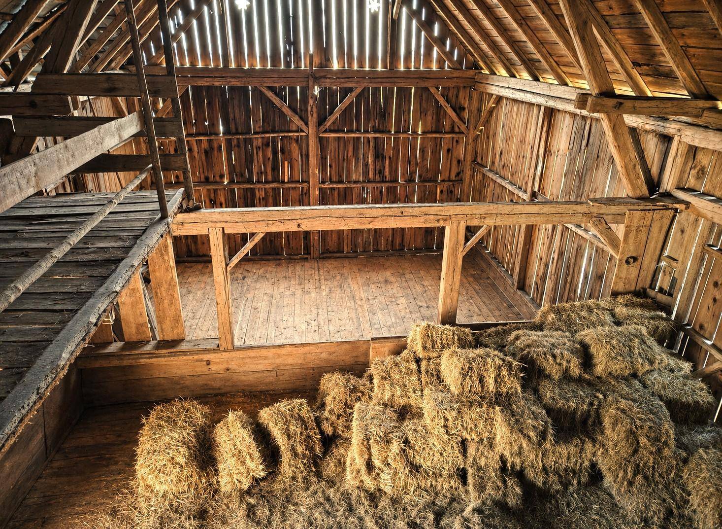 Rustikaler Scheuneninnenraum mit Holzbalkenkonstruktion und Heuballen auf dem Boden.