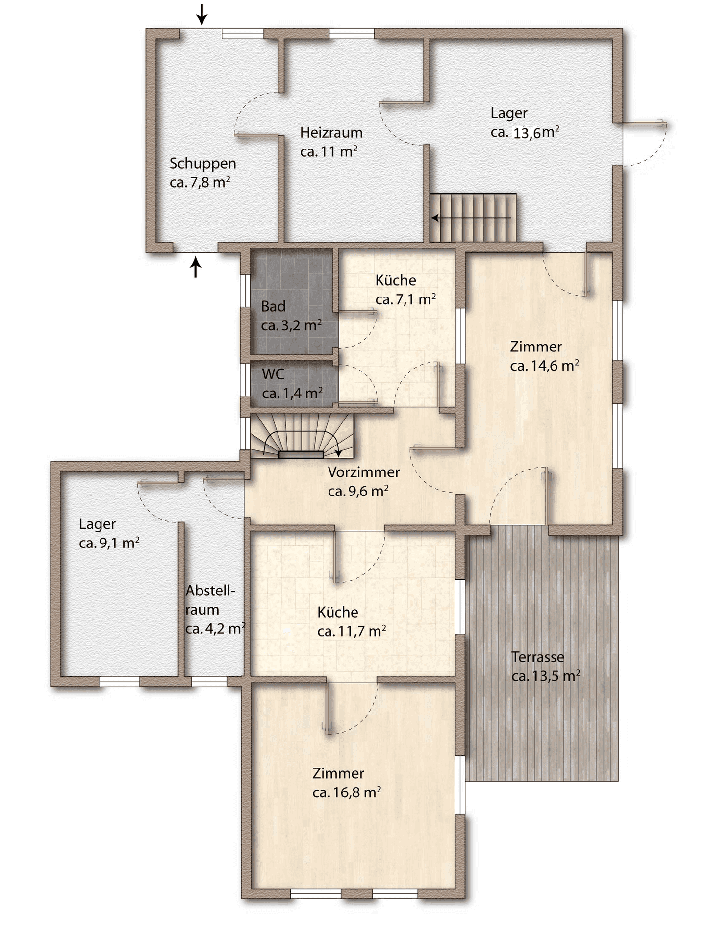 Grundriss des Erdgeschosses mit Küche, Bad, WC, Zimmern und Terrasse.
