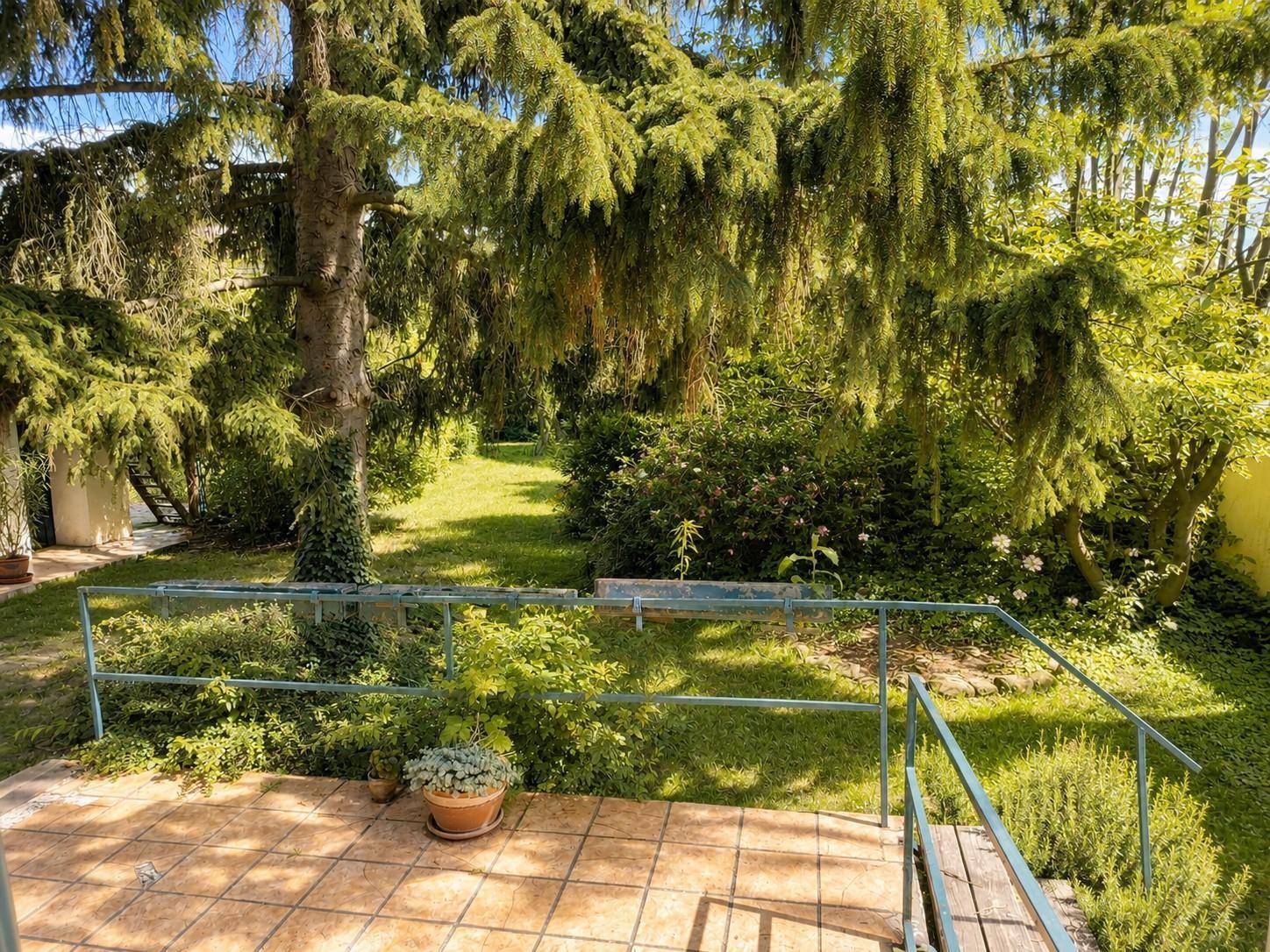 Geflieste Terrasse mit Blick auf den weitläufigen, grünen Garten und alte Bäume.
