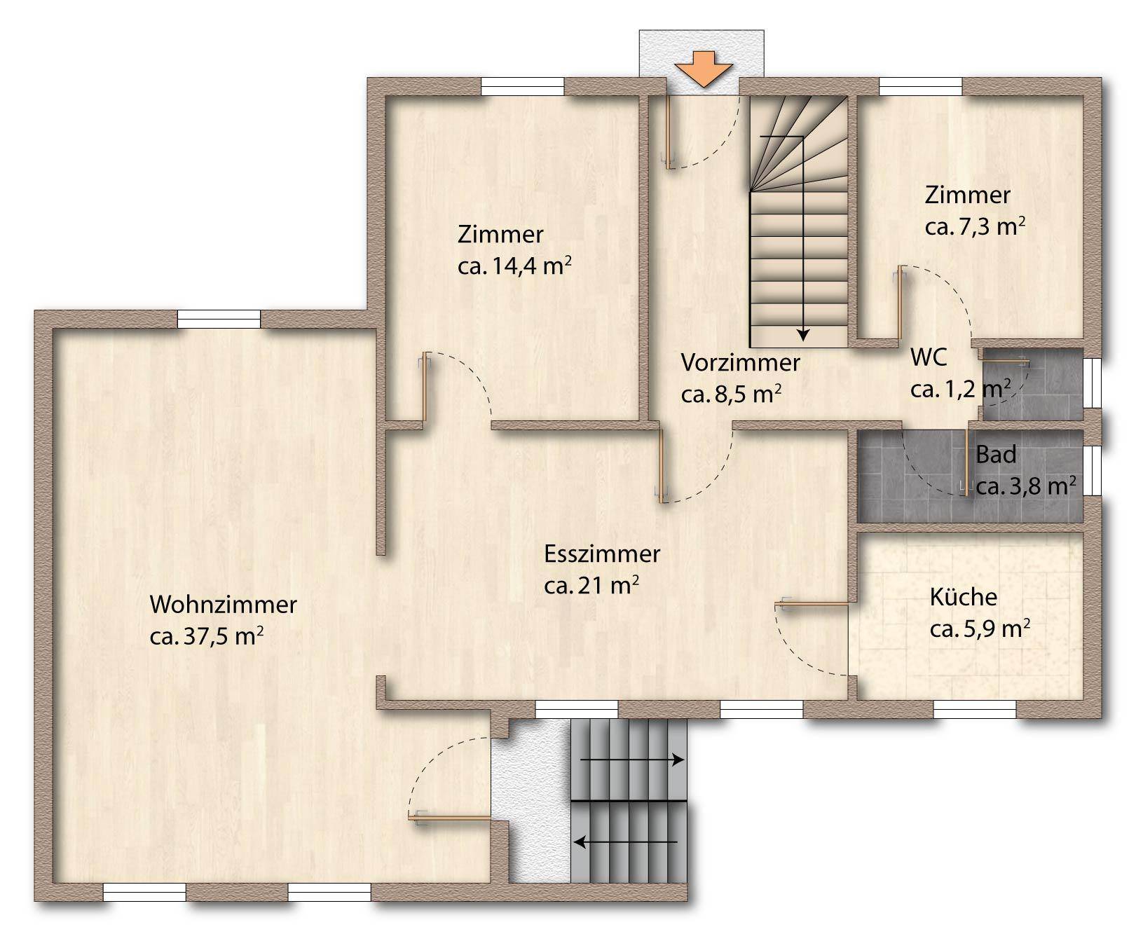 Grundriss des Erdgeschosses mit Wohnzimmer, Esszimmer, Küche, Bad und WC.
