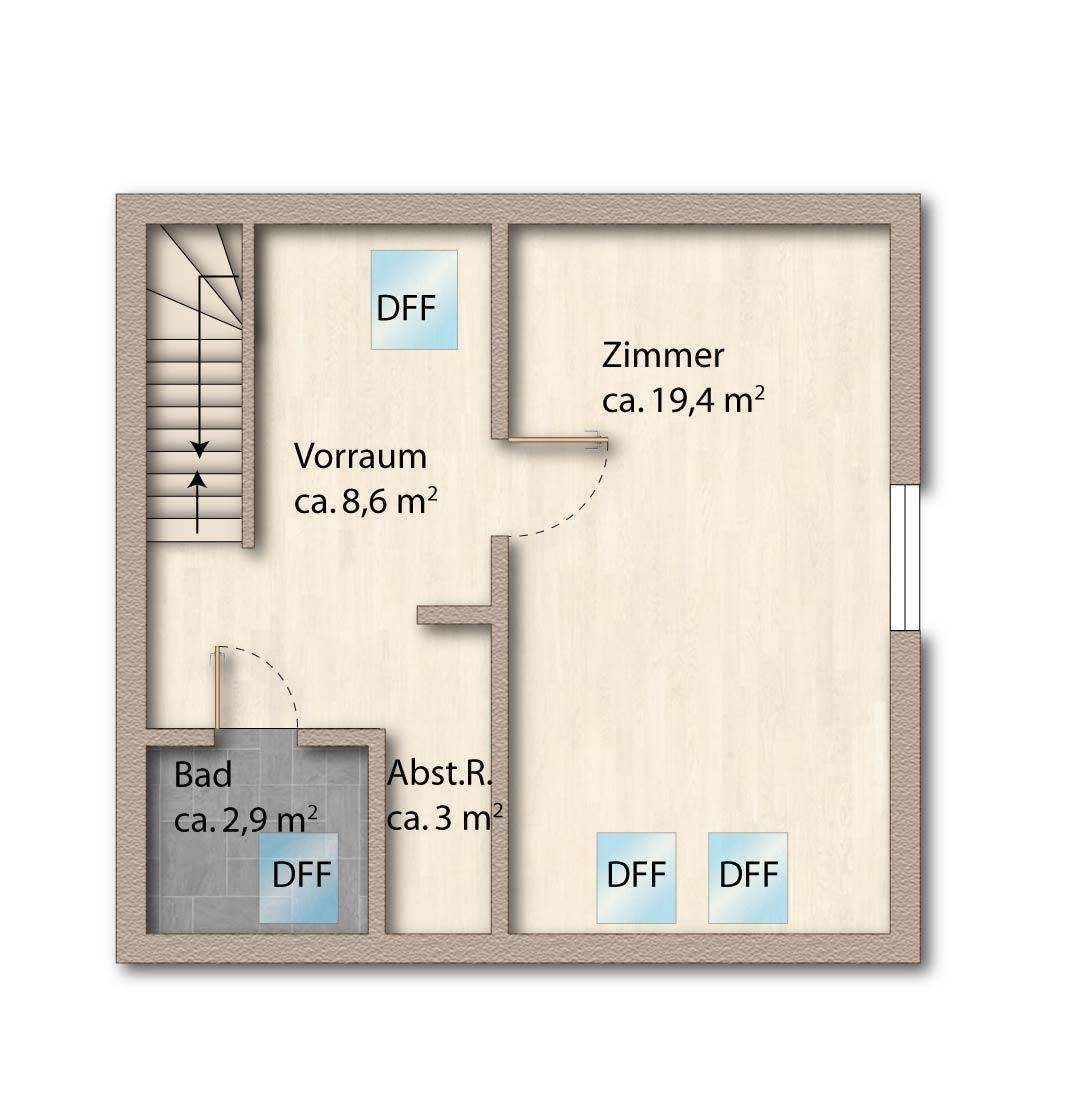 Grundriss des Dachgeschosses mit Zimmer, Bad, Vorraum und Abstellraum.