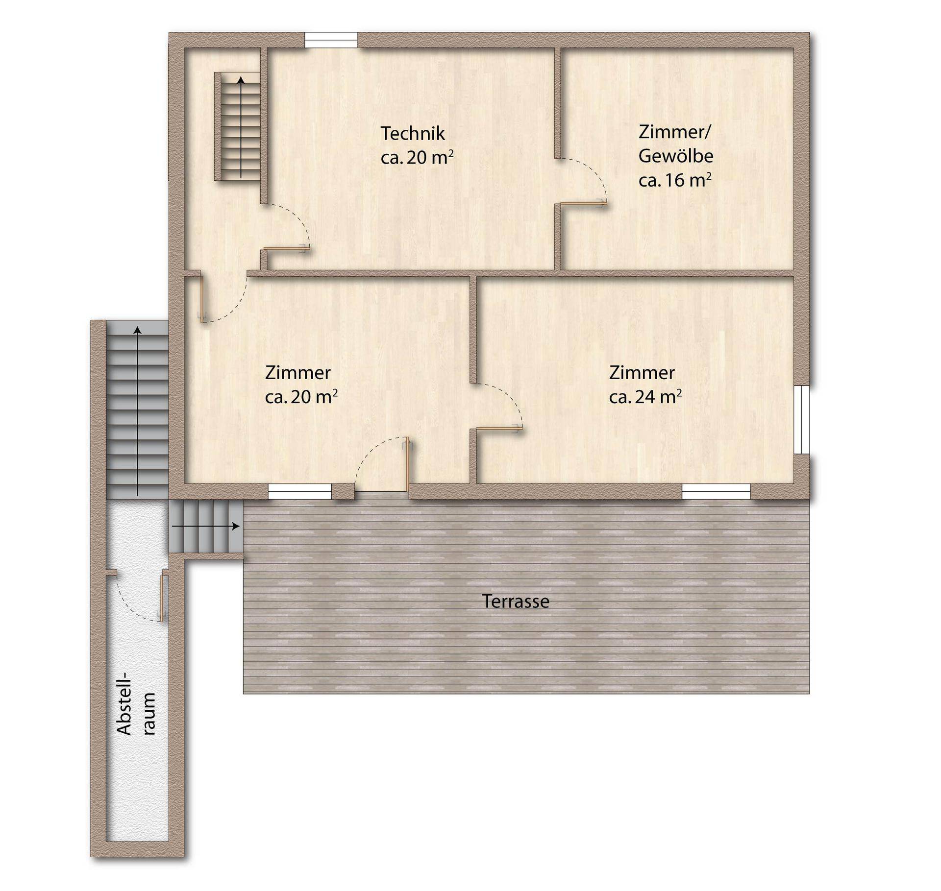 Grundriss des Erdgeschosses mit Technikraum, drei Zimmern, Abstellraum und großer Terrasse.