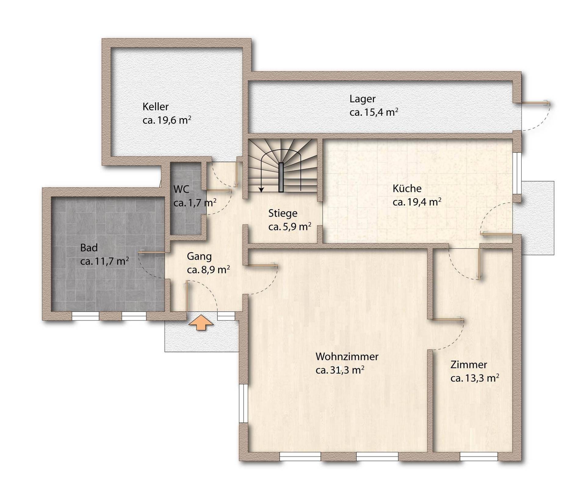 Grundriss des Erdgeschosses mit Wohnzimmer, Küche, Bad, WC und Kellerbereichen.