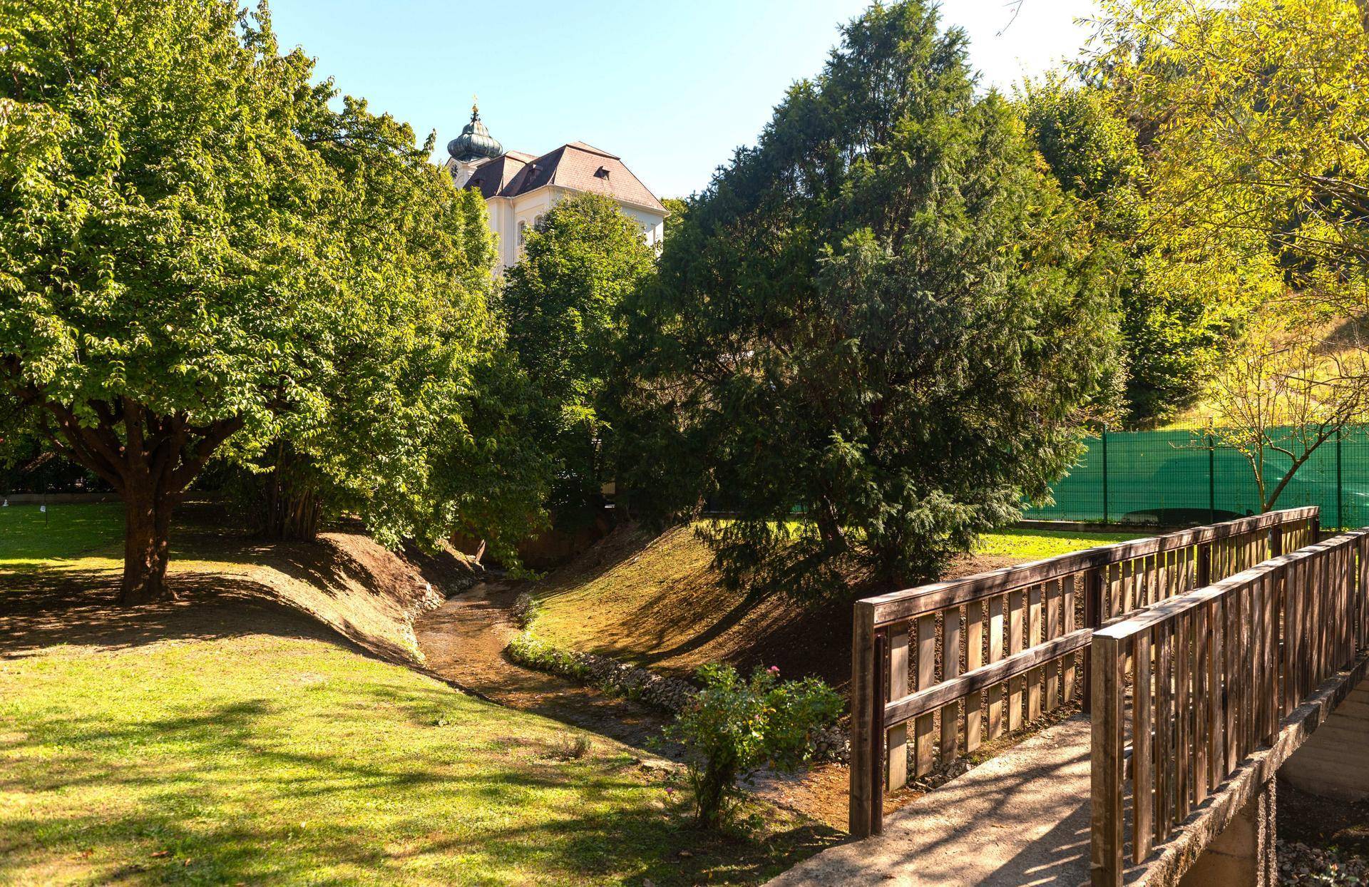 Malerische Holzbrücke über einen kleinen Bach in einer grünen, bewaldeten Umgebung.