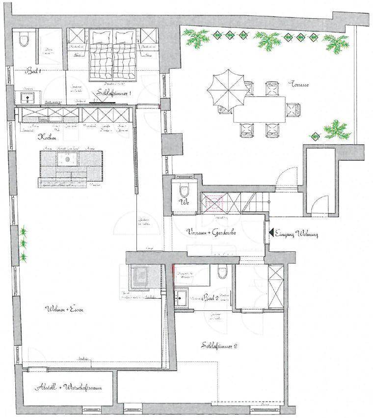 Detaillierter Grundriss einer Wohnung mit Terrasse, zwei Schlafzimmern und offenem Wohnbereich.
