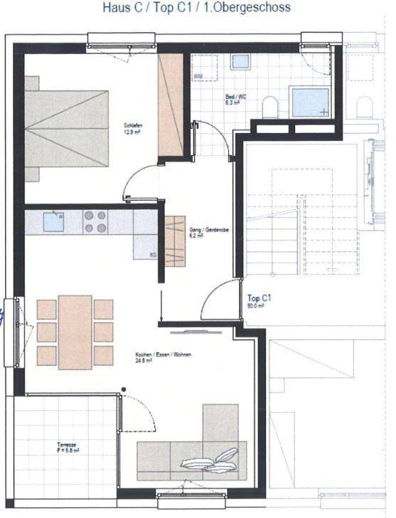 Grundriss für eine Wohnung im ersten Obergeschoss mit Schlafzimmer, Bad, offenem Wohnbereich und Terrasse.