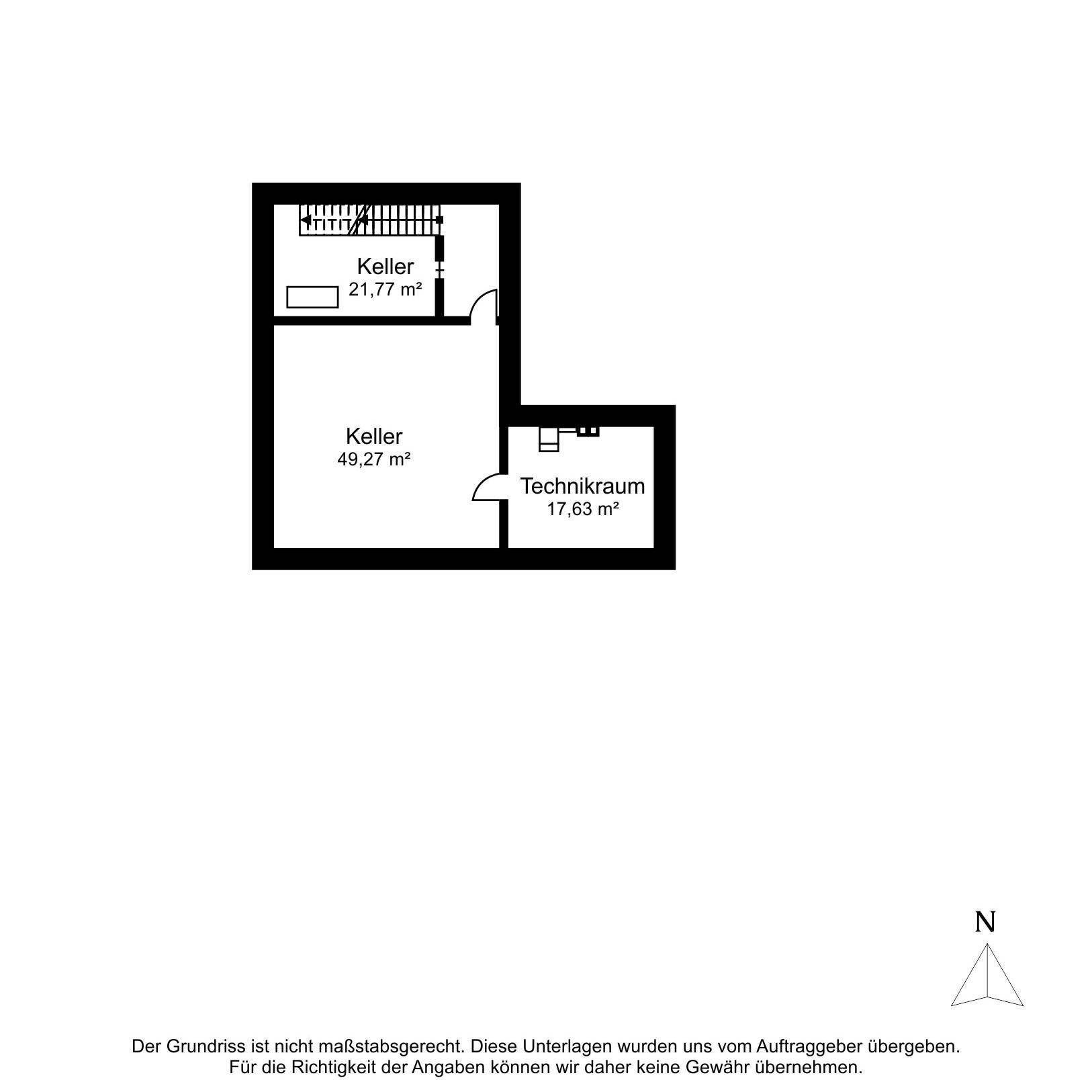Grundriss des Kellergeschosses mit Abstellräumen und Technikraum.