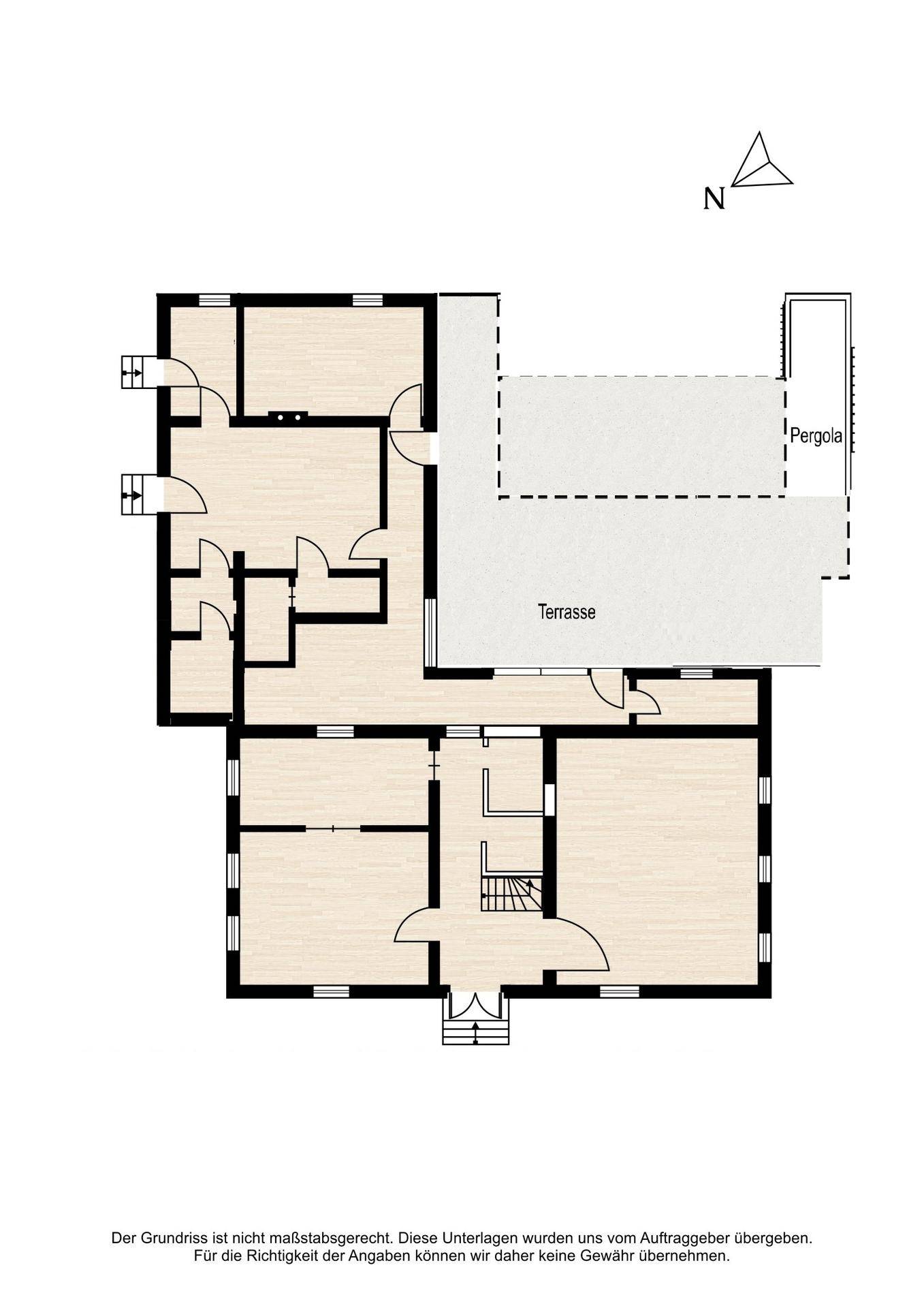 Grundriss des Erdgeschosses mit Terrasse und Pergola.