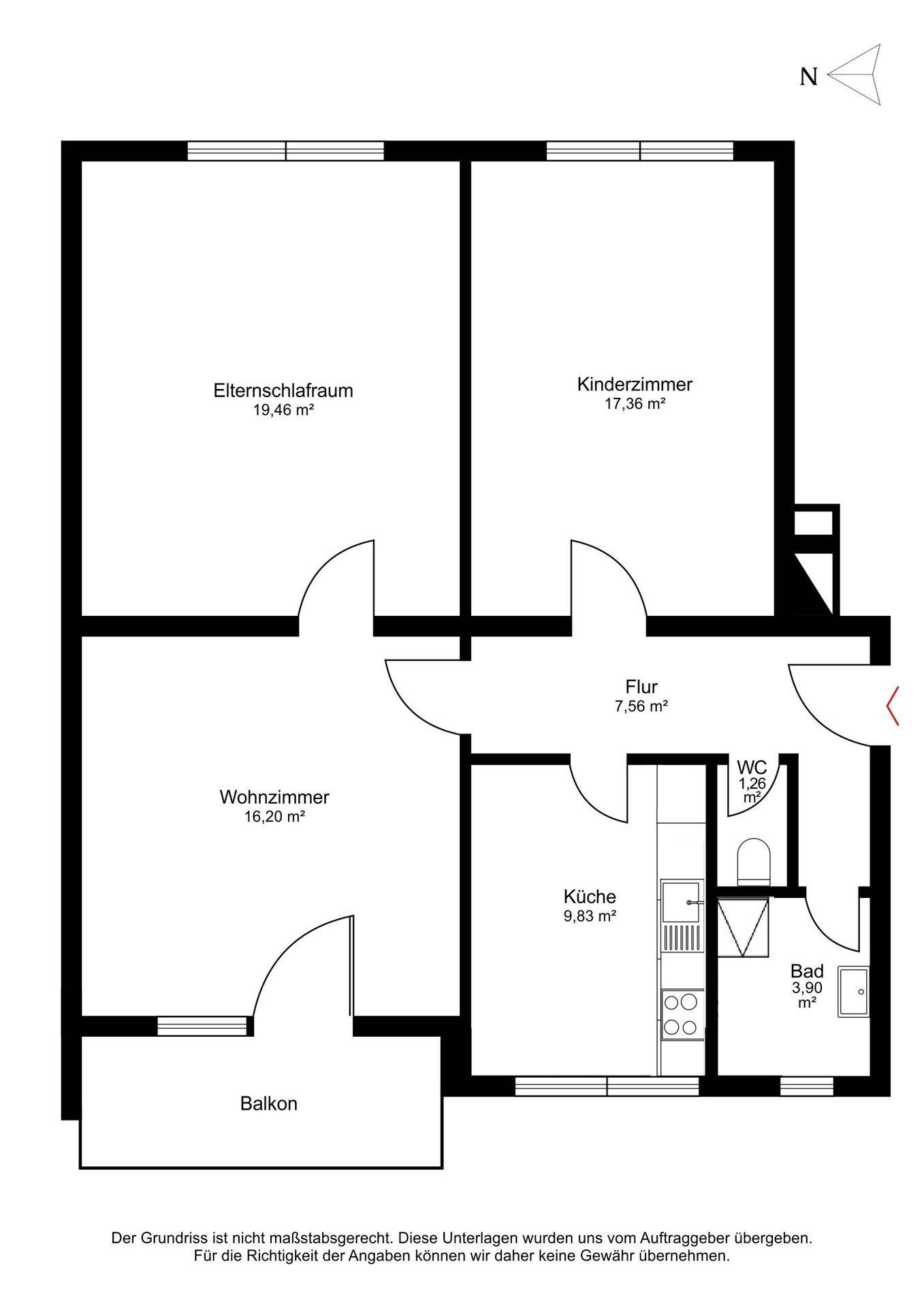 Grundriss der Wohnung mit Wohnzimmer, zwei Schlafzimmern, Küche, Bad und Balkon.