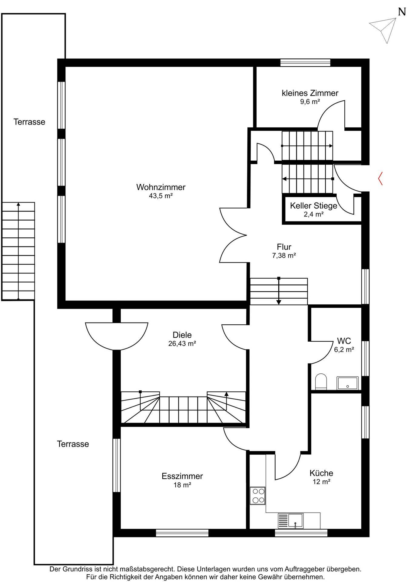 Grundriss des Erdgeschosses mit Wohnzimmer, Esszimmer, Küche und Terrasse.