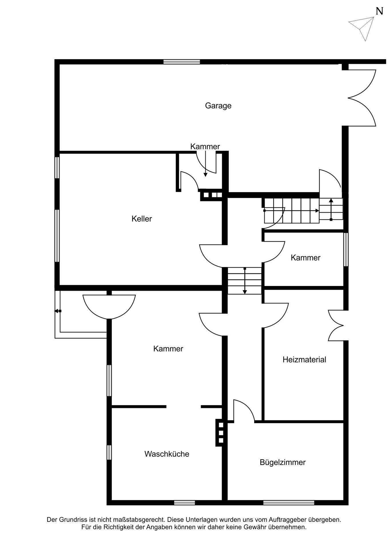 Grundriss des Untergeschosses mit Garage, Keller, Waschküche und Bügelzimmer.