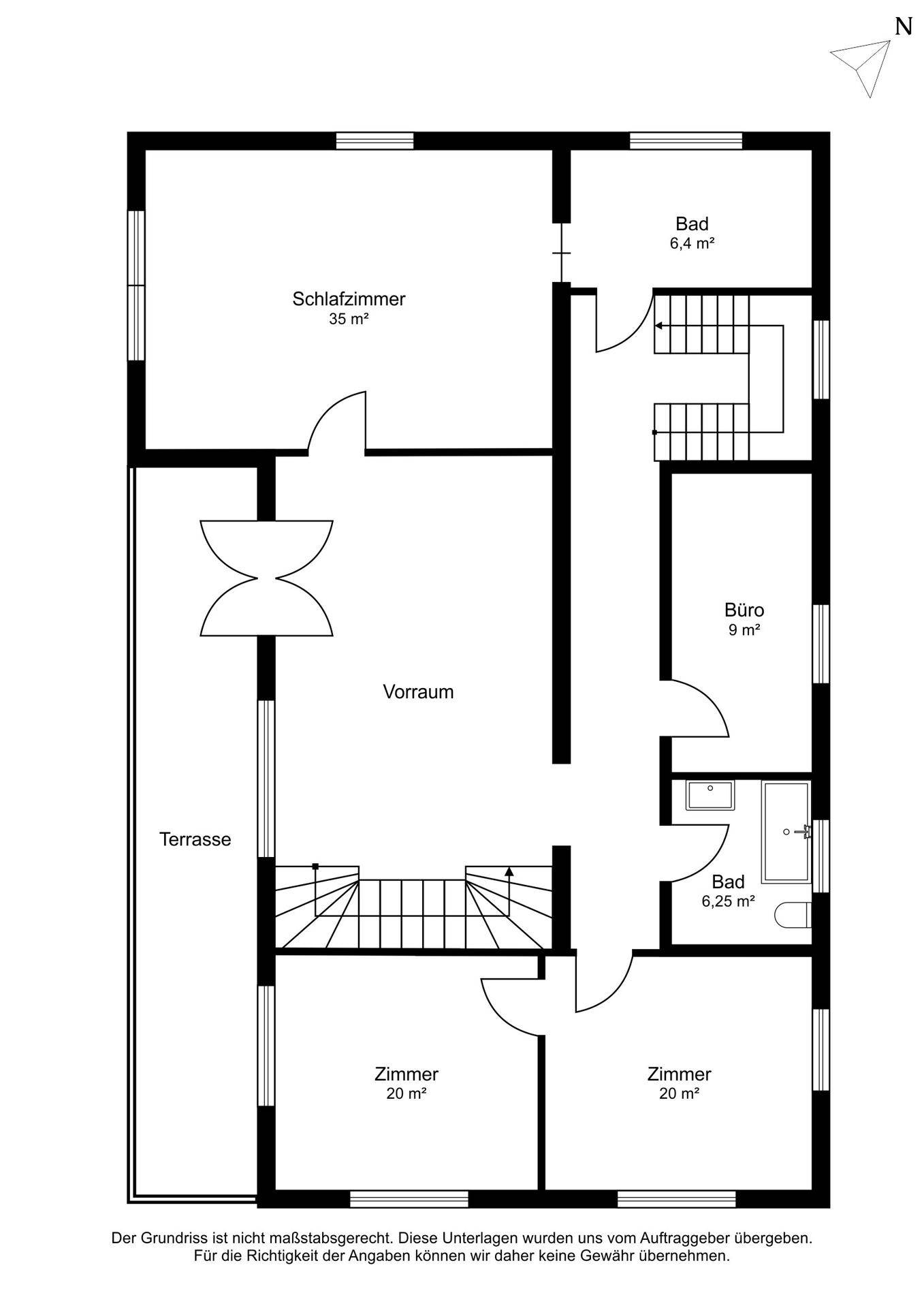 Grundriss des Obergeschosses mit Schlafzimmer, Bädern, Büro und Terrasse.