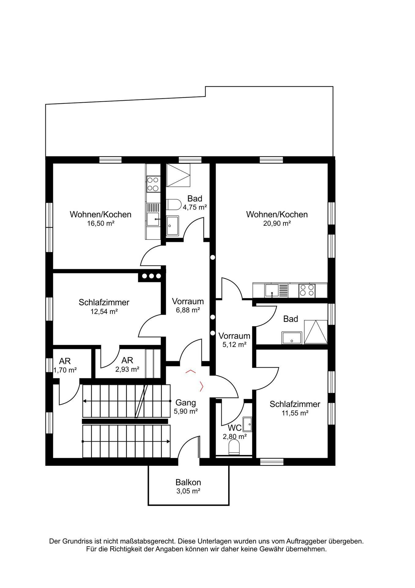 Grundriss des Obergeschosses mit zwei Wohneinheiten, Balkon, Schlafzimmern und separatem WC.
