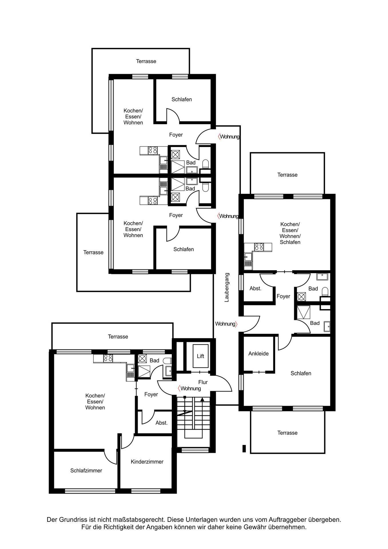 Grundrissplan einer weiteren Wohnung mit Terrassen, Schlafzimmern und Ankleide, gut strukturiert.