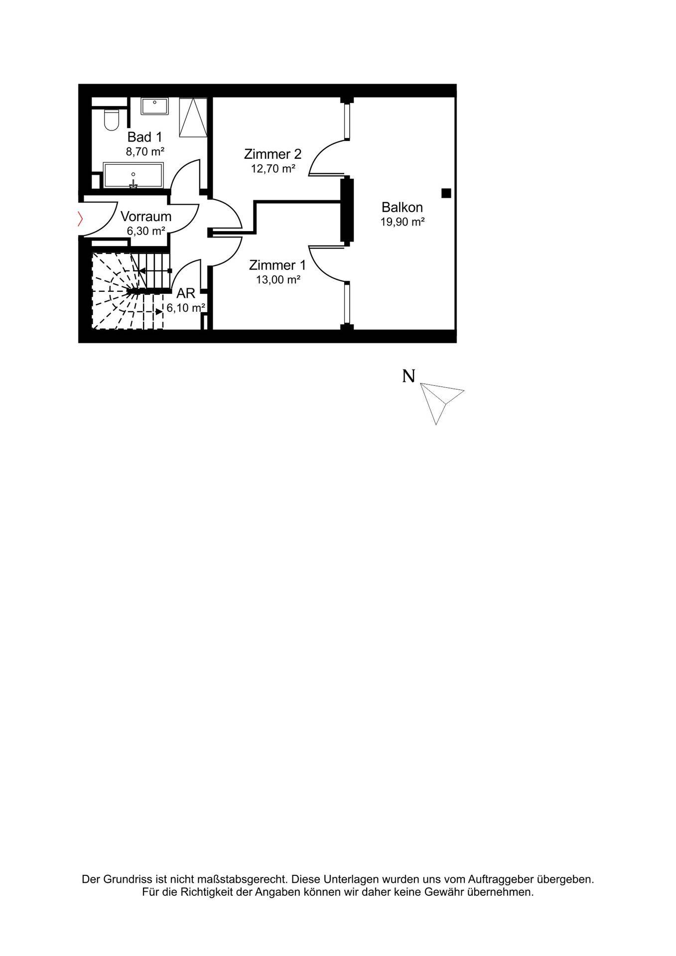 Grundrissplan einer Etage mit zwei Zimmern, Bad, Vorraum und Balkon.