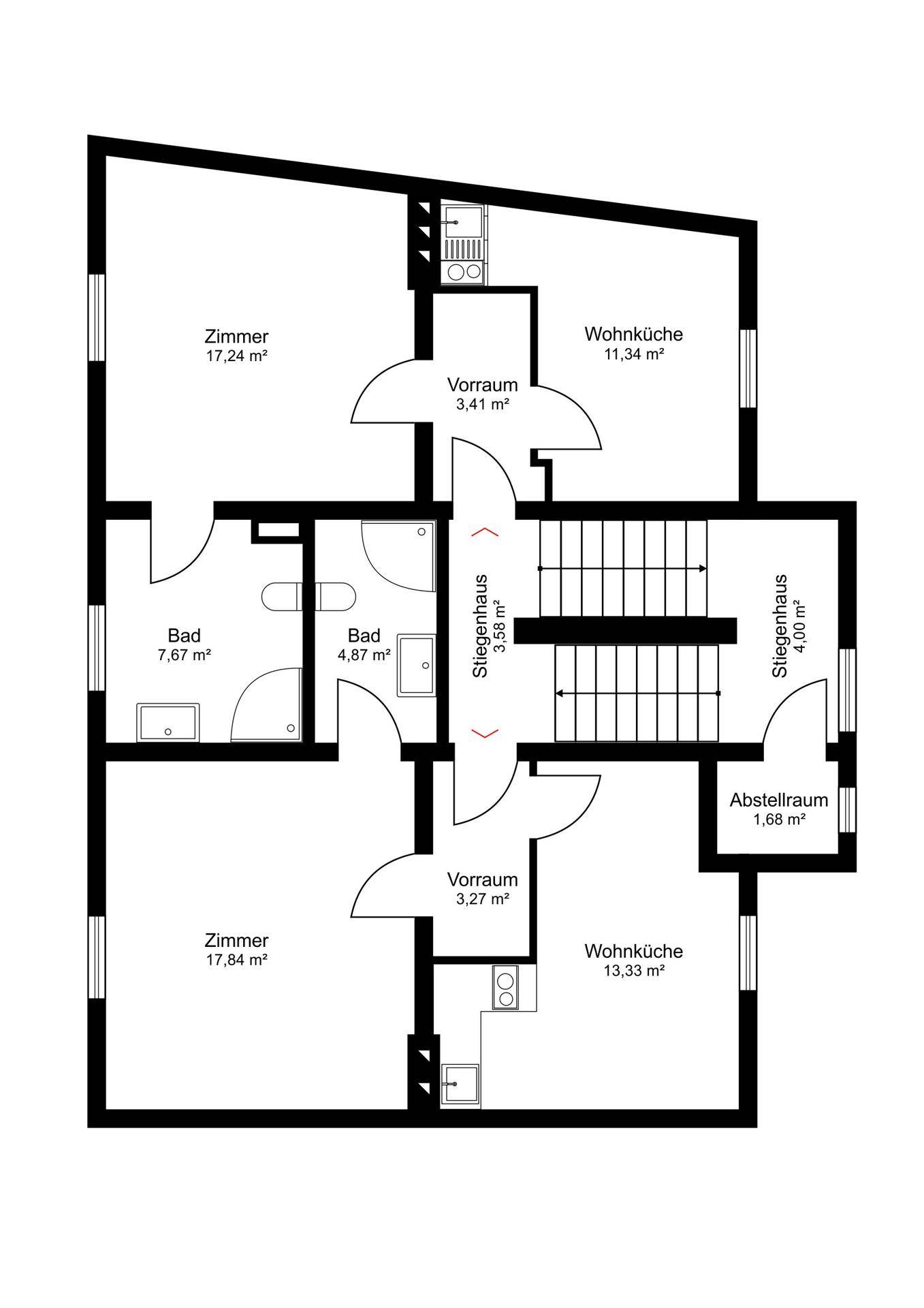 Grundriss einer Etage mit Zimmern, Wohnküchen, Bädern und Treppenhaus, gut aufgeteilt.