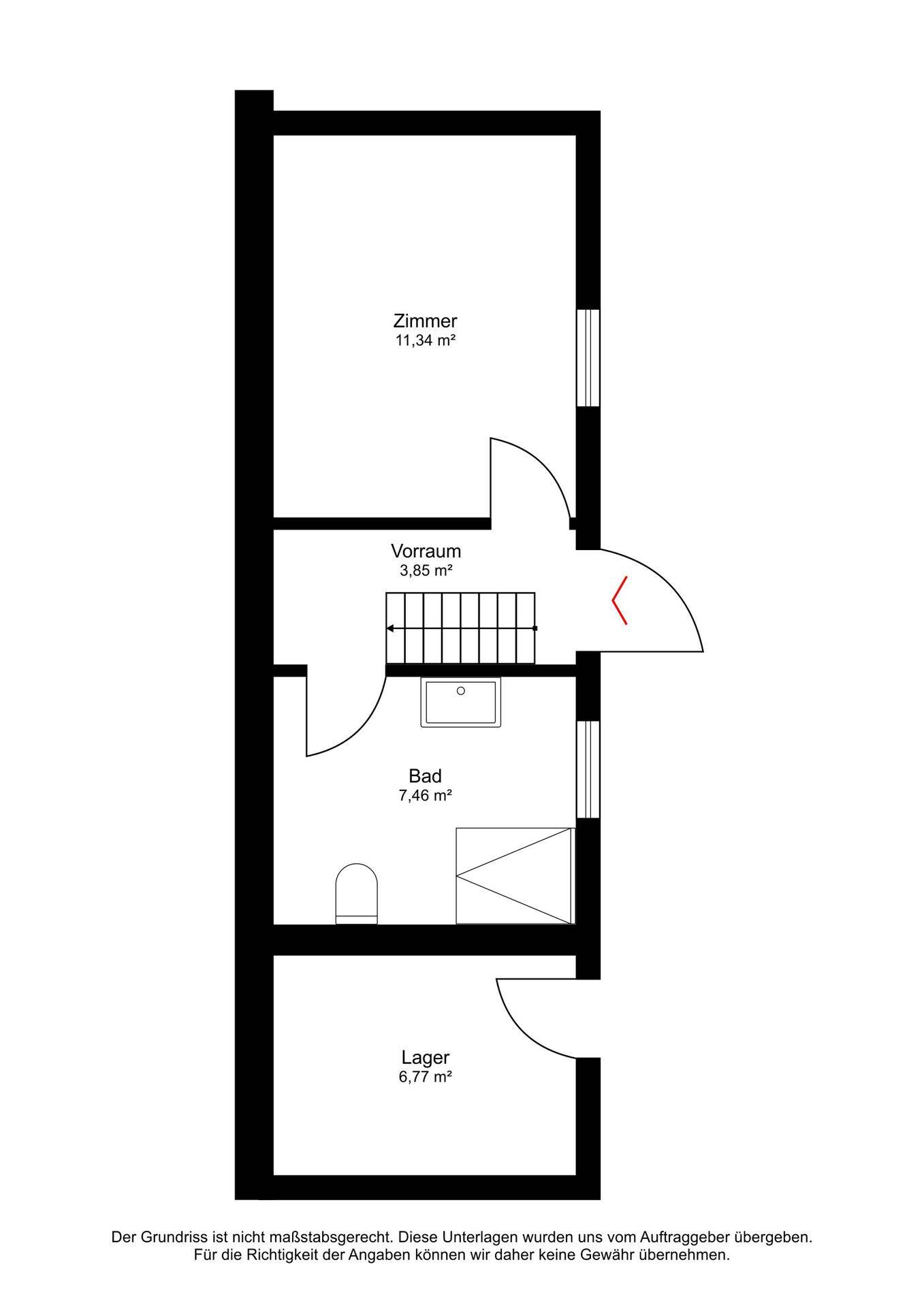 Grundriss einer kleineren Einheit mit Zimmer, Bad und Lagerraum, kompakt und funktional.