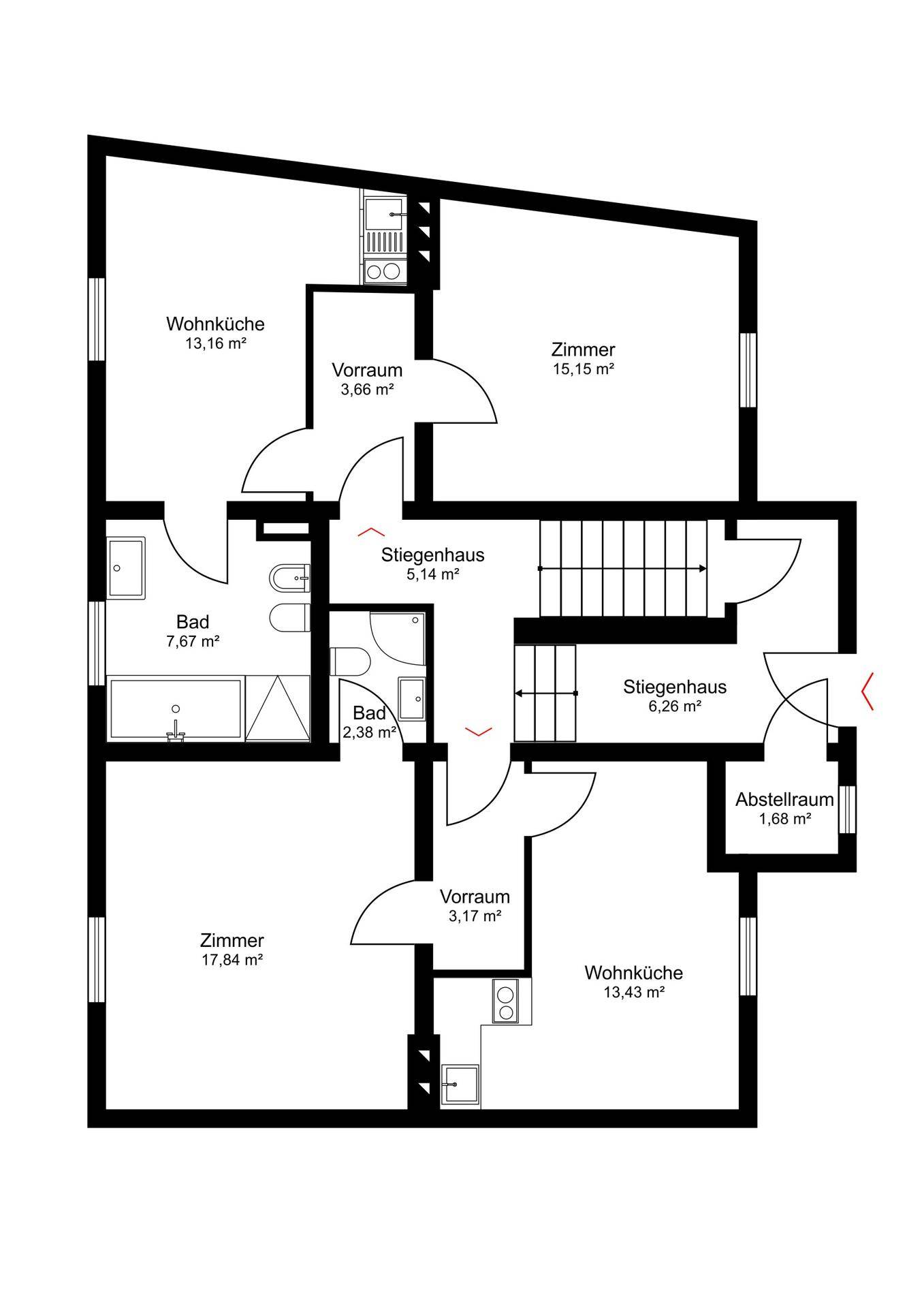 Grundriss einer Etage mit zwei Wohnküchen, Zimmern, Bädern und Treppenhaus, bietet flexible Nutzung.