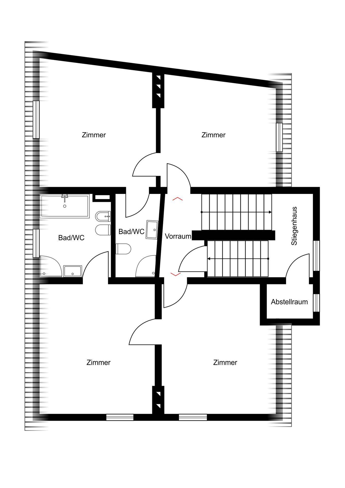 Grundriss einer Etage mit vier Zimmern, zwei Bädern und Treppenhaus, bietet viel Platz.