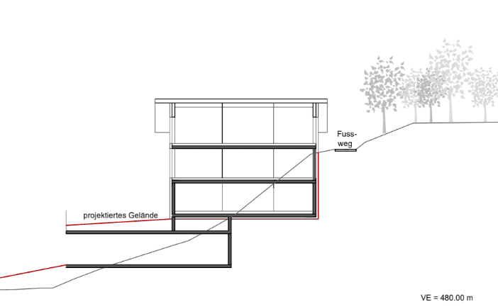 Architektonischer Schnittplan eines modernen Gebäudes, das in einen Hang integriert ist.