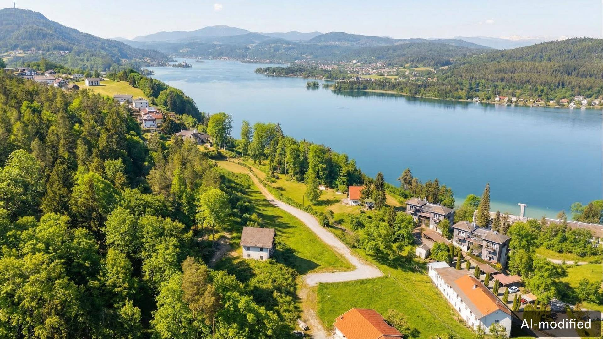 Grundstück mit Haus und Zufahrt, umgeben von Natur, mit weitem Blick auf den See und die Berge.