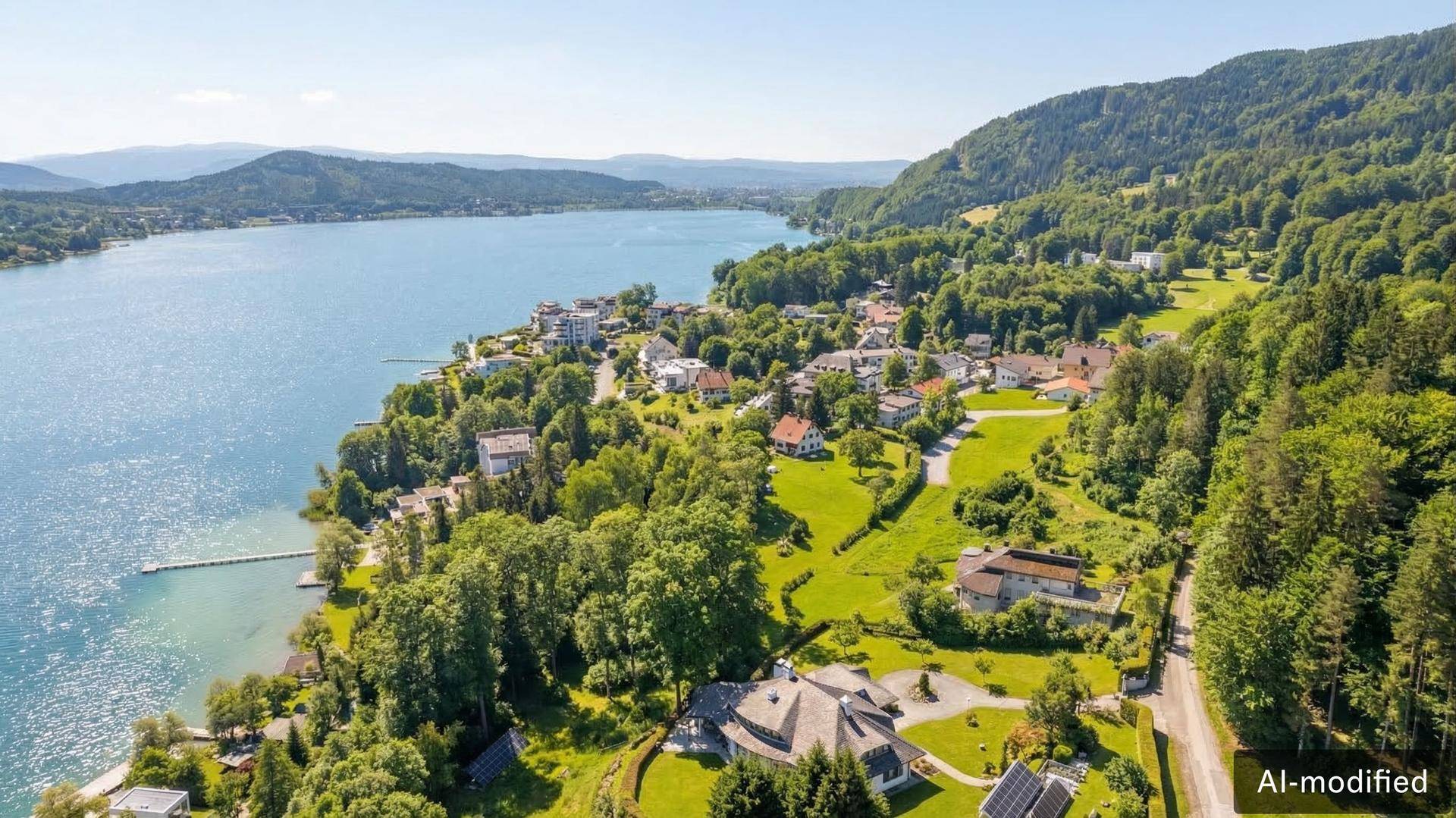 Panoramablick auf eine Siedlung am Seeufer mit grünen Hügeln und Bergen im Hintergrund bei Sonnenschein.