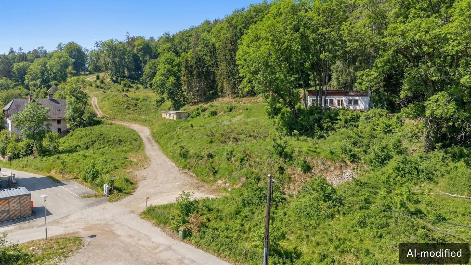 Grüne Hügellandschaft mit dichtem Wald, einem Feldweg und vereinzelten Gebäuden in der Ferne.
