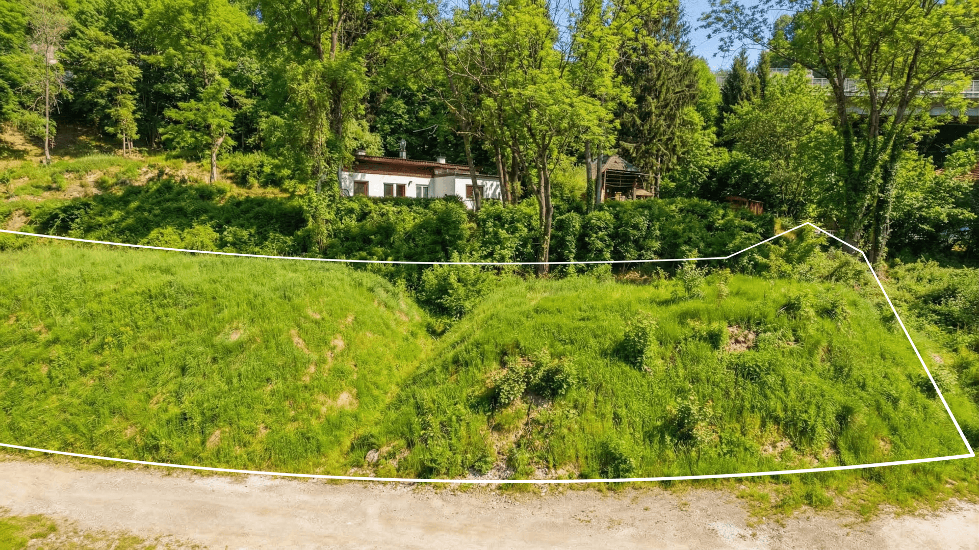Grüne, hügelige Landschaft mit Bäumen und einem Wohnhaus im Hintergrund, umrandet von einer weißen Linie.