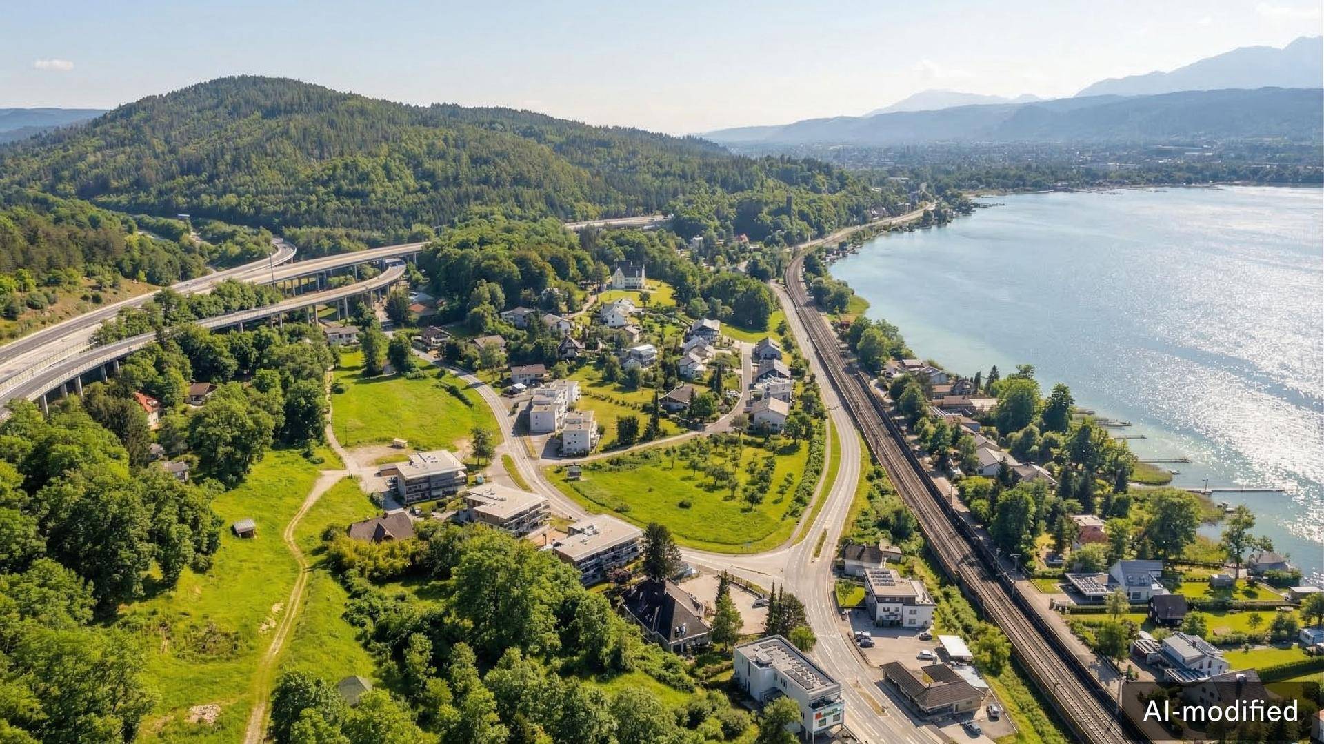 Weitläufige Luftaufnahme einer Stadt am Seeufer mit Straßen, Hügeln und Bergen im Hintergrund.