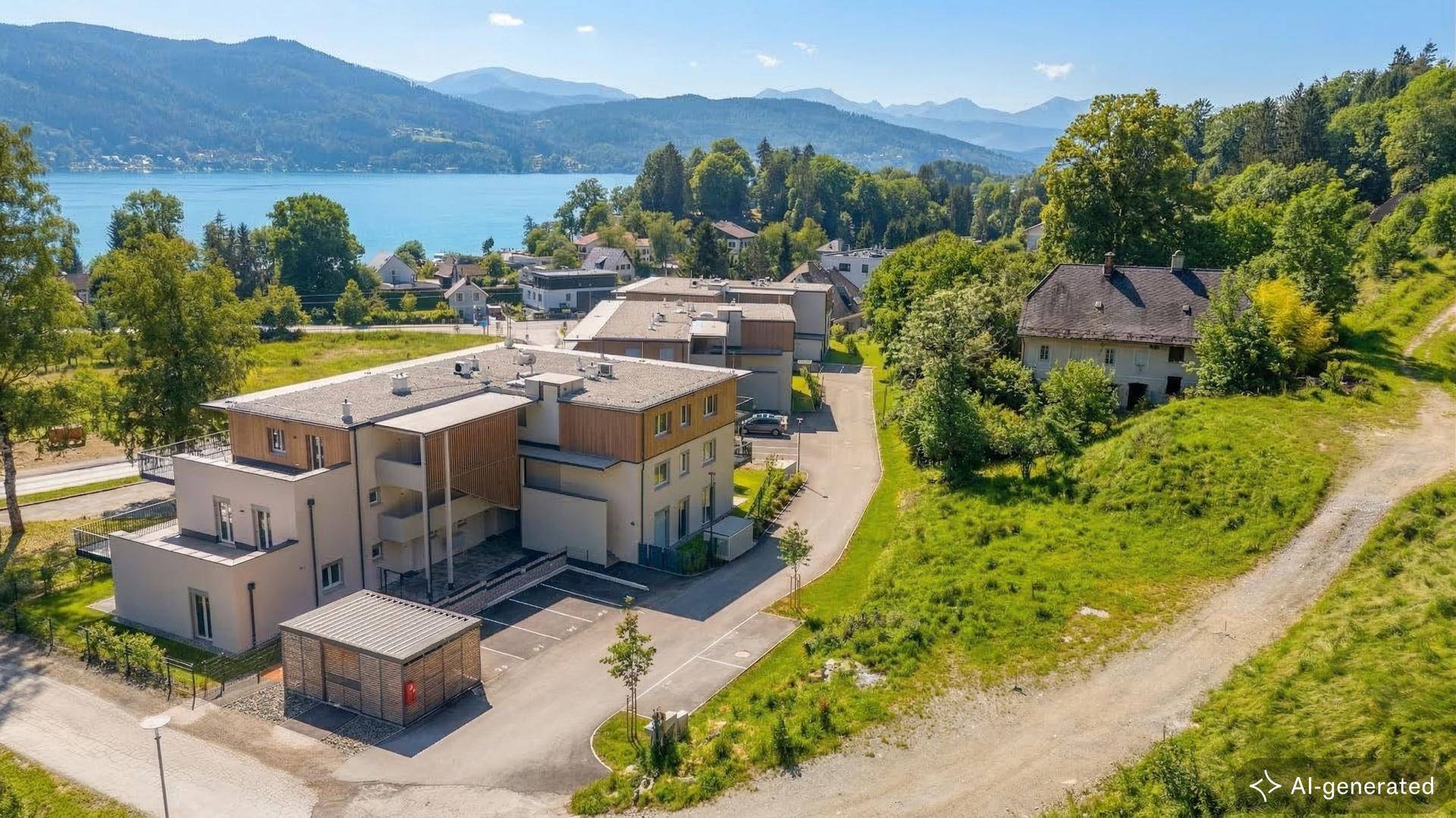 Luftaufnahme von modernen und traditionellen Gebäuden, umgeben von Grünflächen mit Seeblick.