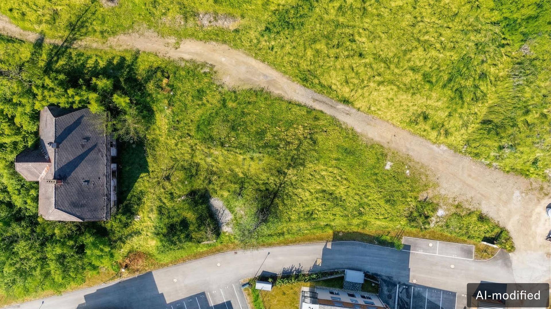 Luftaufnahme eines grünen Grundstücks mit einem Haus, Bäumen und einem unbefestigten Weg.