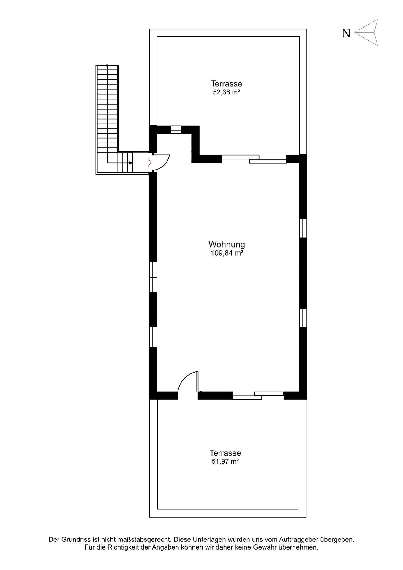 Grundriss einer Wohnung mit zwei Terrassen und einem offenen Layout.