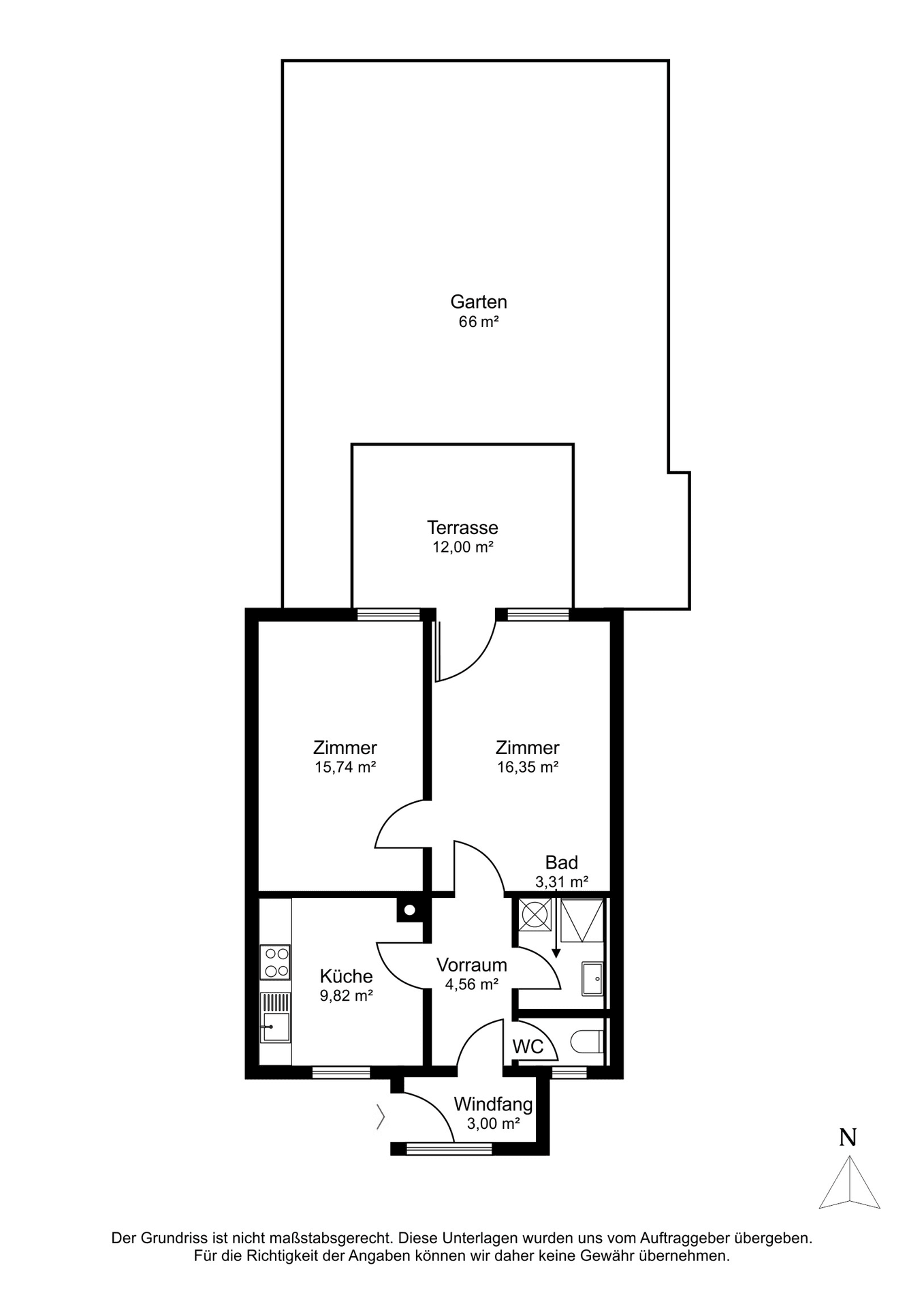 Grundriss der Immobilie mit Zimmern, Küche, Bad, WC, Terrasse und Gartenflächen.