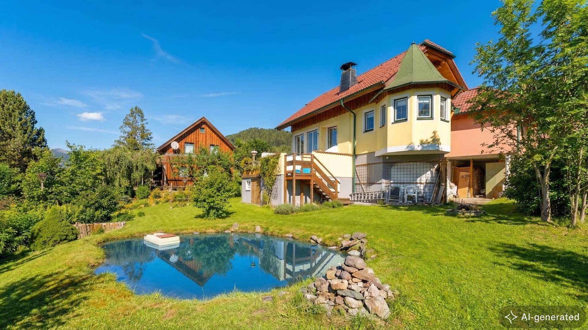 Haus mit großem Garten, einem natürlichen Teich und üppiger grüner Vegetation.