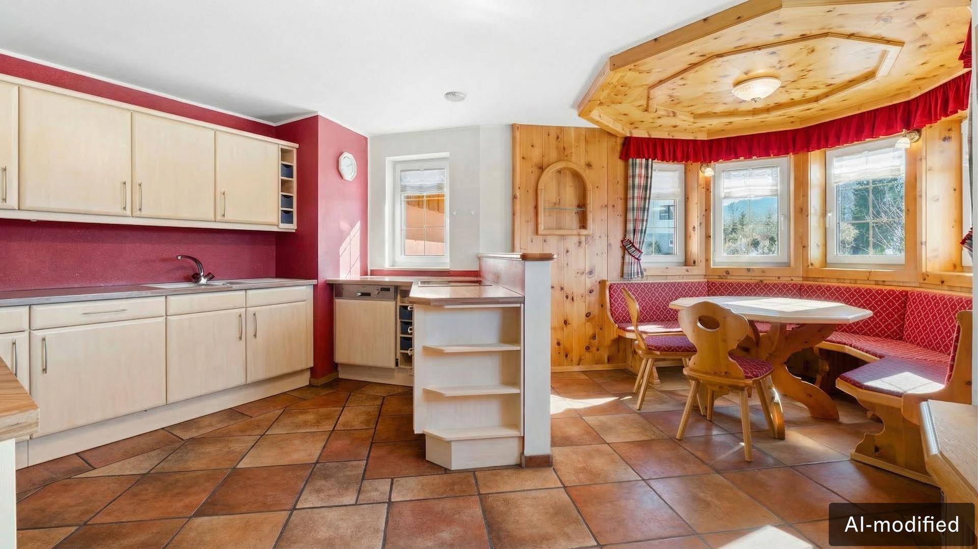 Traditionelle Küche mit Essbereich, Holzelementen und Fliesenboden, ideal für gemütliche Mahlzeiten.