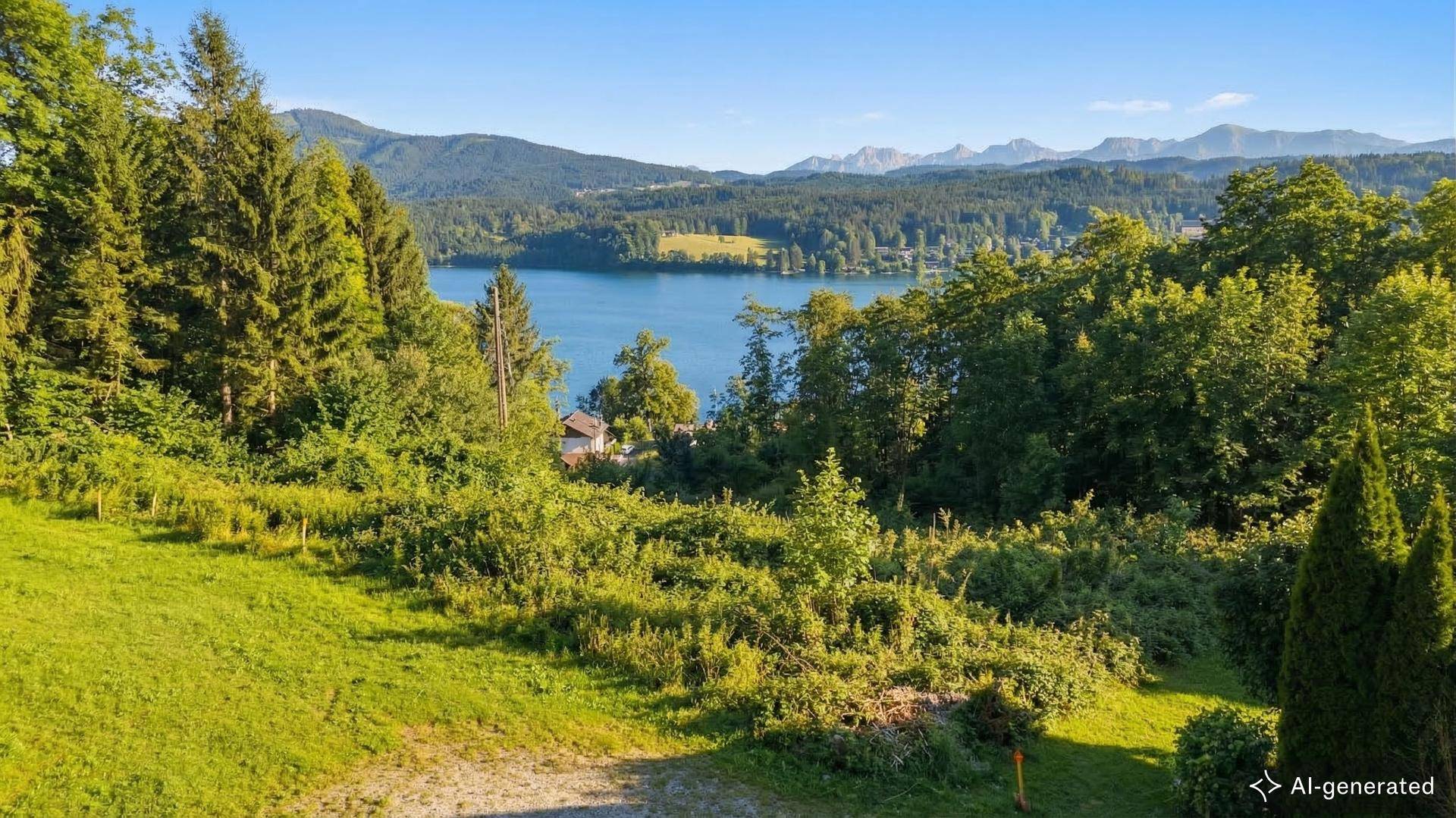 Idyllischer Panoramablick auf eine grüne Landschaft mit See und majestätischen Bergen am Horizont.