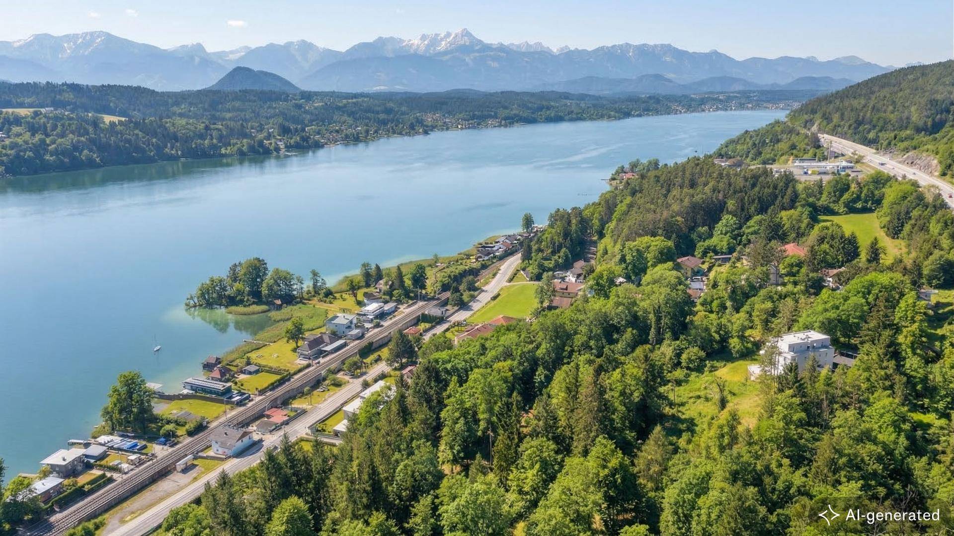 Beeindruckende Luftaufnahme eines weitläufigen Sees mit Bergpanorama, umgeben von üppiger Natur und Siedlungen.