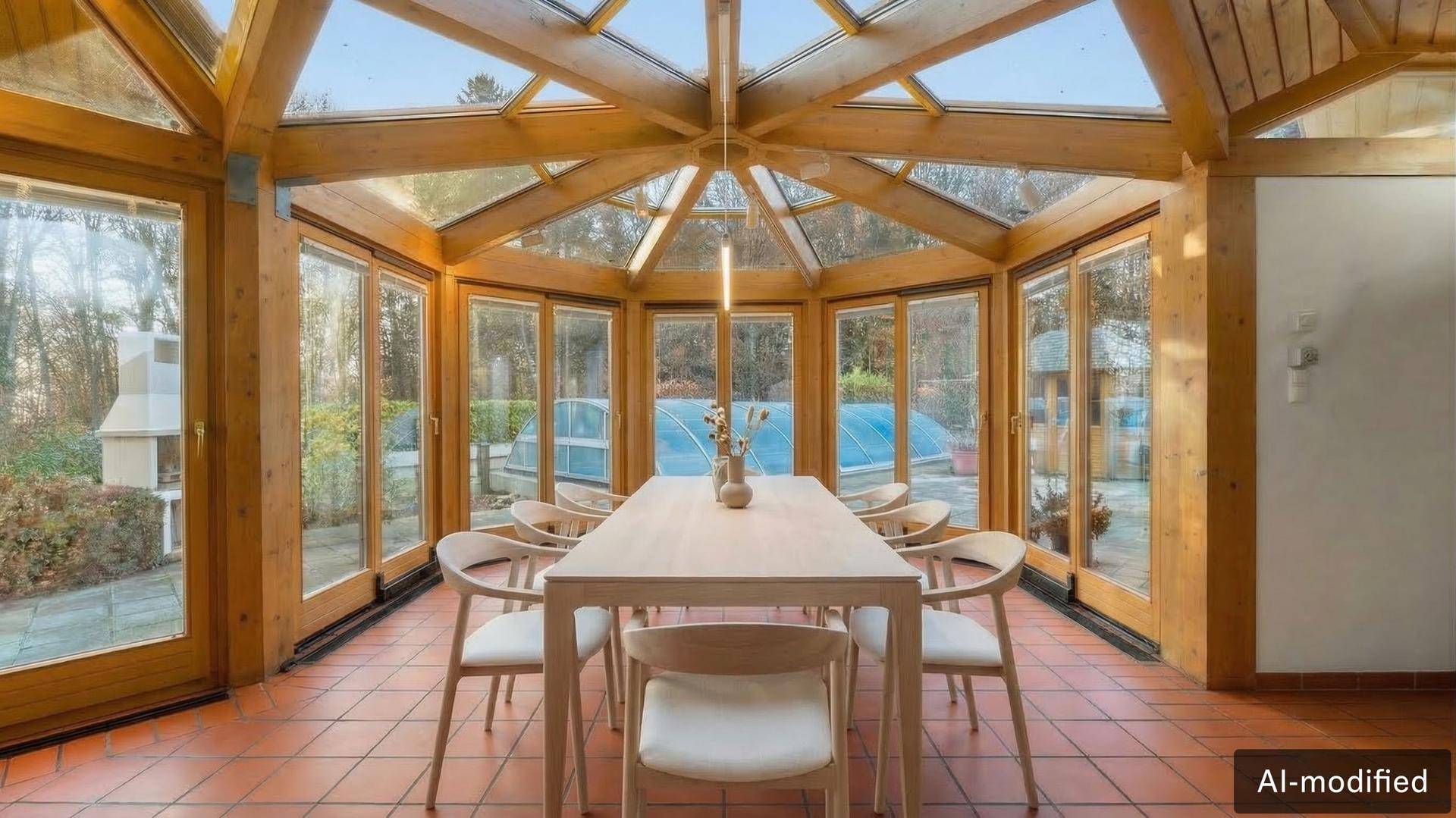 Heller Wintergarten mit Esstisch, Holzkonstruktion und Blick auf den Außenpool.