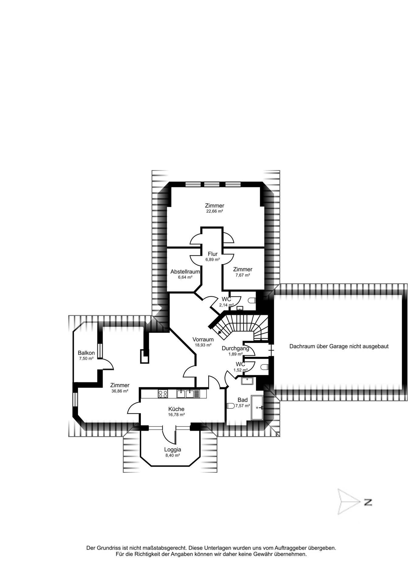Grundriss des Obergeschosses mit Schlafzimmern, Bad, Küche, Balkon und Loggia.