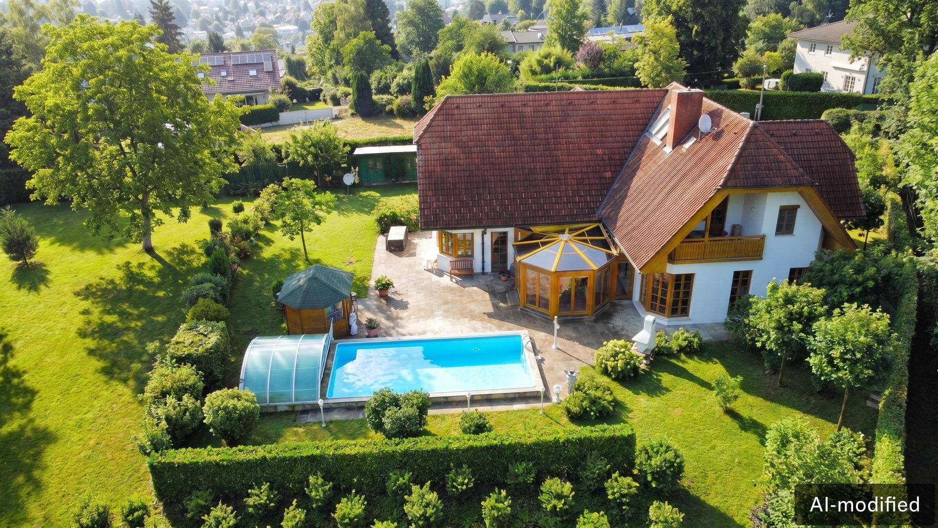 Weitläufiges Anwesen mit Einfamilienhaus, großem Garten, Pool und Wintergarten.