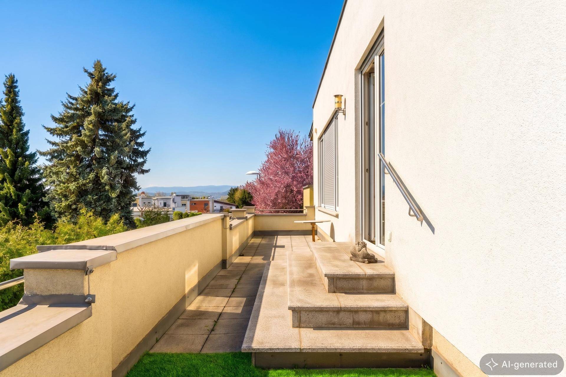 Langer Terrassenbereich entlang des Hauses mit Stufen und weitem Blick ins Grüne.