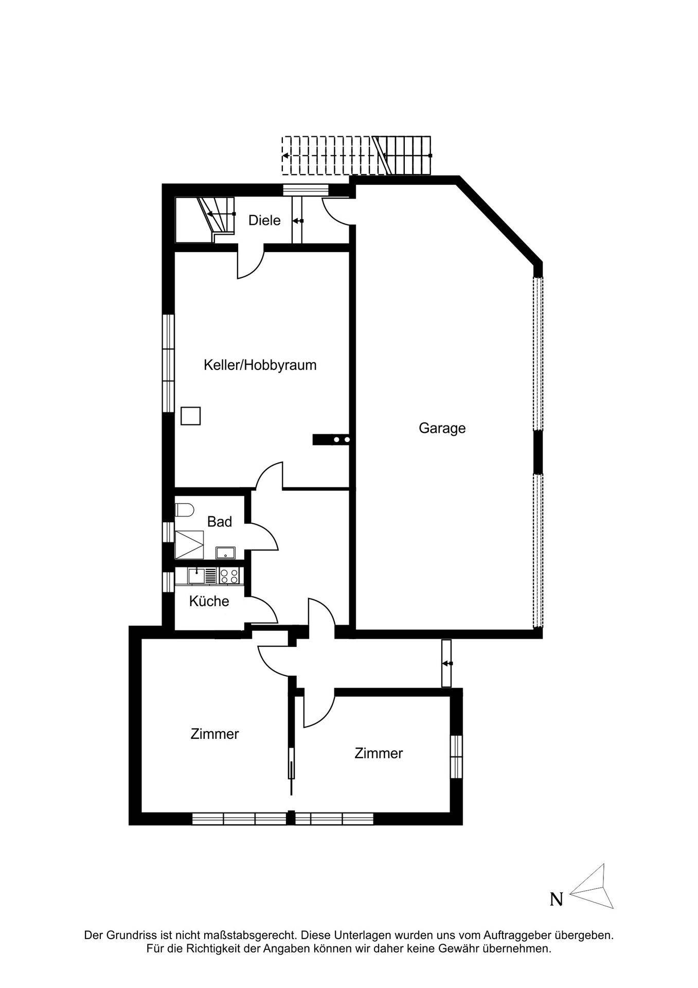 Grundriss des Untergeschosses mit Garage, Kellerraum und zwei weiteren Zimmern.