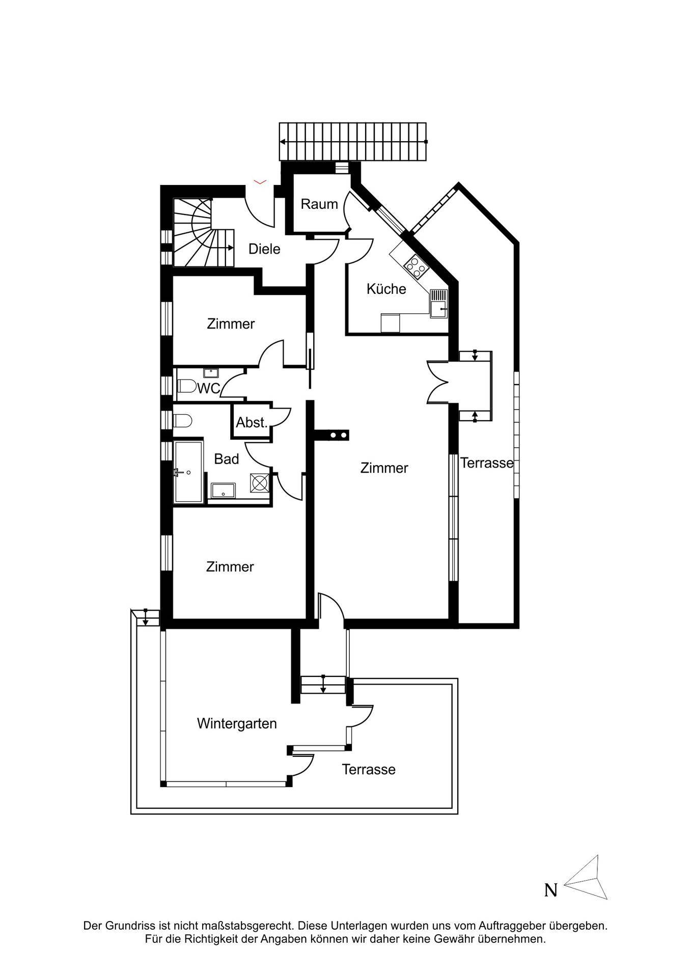 Grundriss des Erdgeschosses mit Wohnbereich, Küche, Terrasse, Wintergarten und weiteren Räumen.