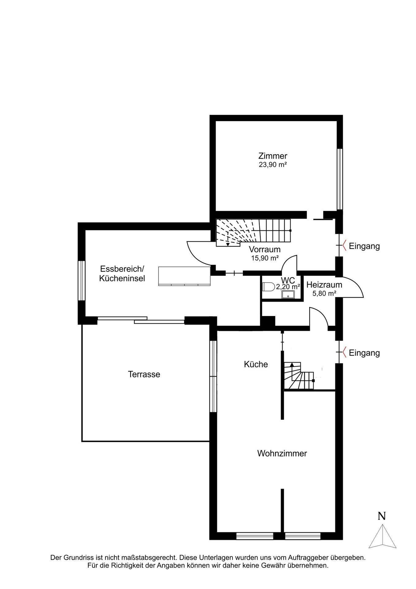 Grundriss des Erdgeschosses mit Wohnzimmer, offener Küche und großer Terrasse.
