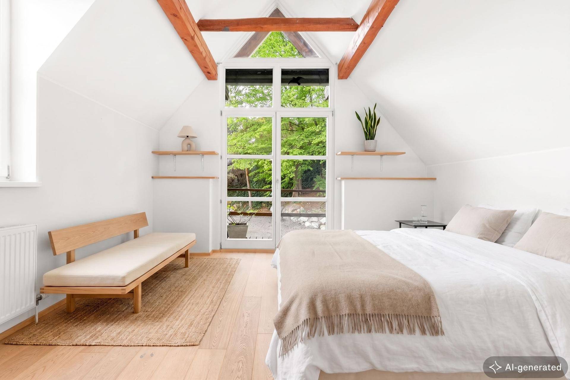 Helles Dachschlafzimmer mit sichtbaren Holzbalken, großem Fenster und Holzboden.