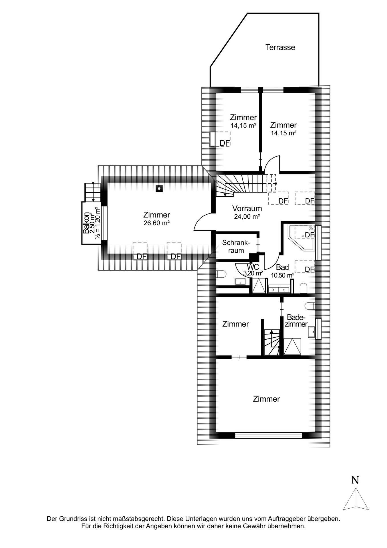Grundriss des Obergeschosses mit mehreren Zimmern, zwei Bädern und Balkon.
