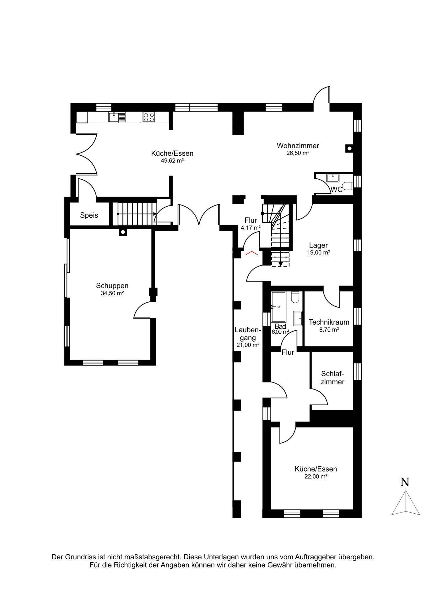 Grundriss des Erdgeschosses mit Küche, Wohnzimmer, Schlafzimmer und Lagerraum.